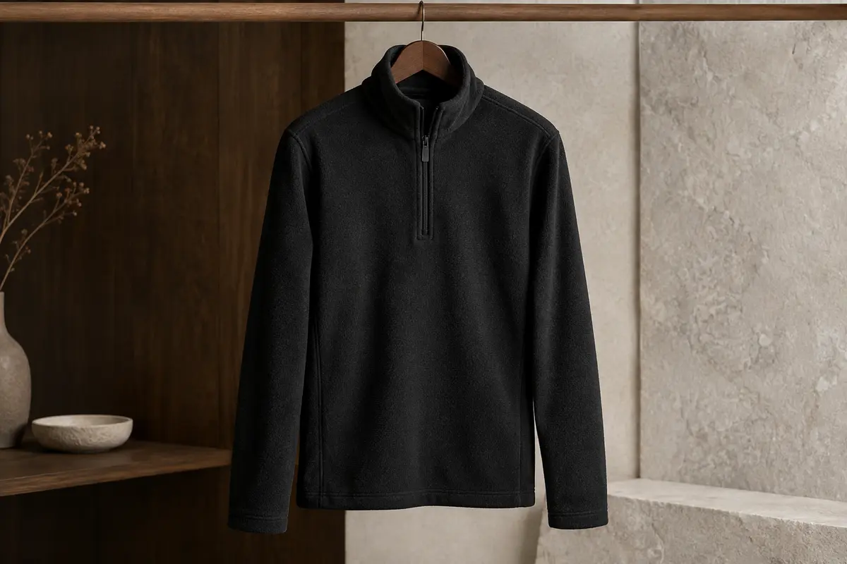 Pull polaire noir pour homme sur cintre, avec col montant et fermeture demi-zip visibles.