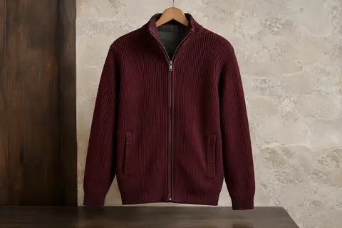 Cardigan homme en maille côtelée avec col montant, fermeture zippée et deux poches latérales