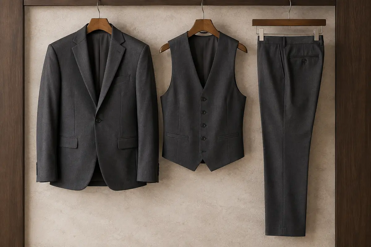 Costume homme trois pièces uni avec blazer à un bouton, gilet et pantalon assortis
