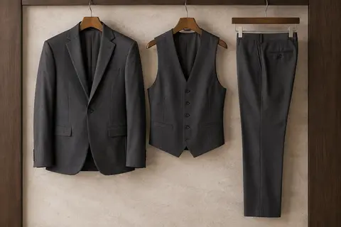 Costume homme trois pièces uni avec blazer à un bouton, gilet et pantalon assortis