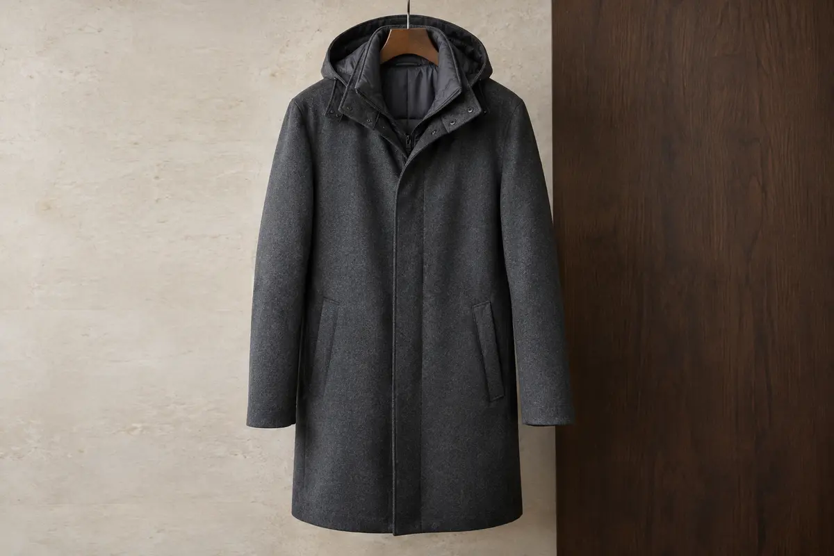 Manteau long pour homme en mélange laine-polyester, avec capuche amovible et deux poches latérales.