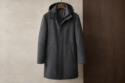 Manteau long pour homme en mélange laine-polyester, avec capuche amovible et deux poches latérales.