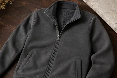 Cardigan homme KUDORO zippé avec deux poches avant, présenté seul sur une surface en bois foncé.