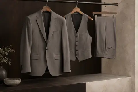 Costume homme trois pièces KUDORO avec blazer à un bouton, gilet et pantalon présentés ensemble