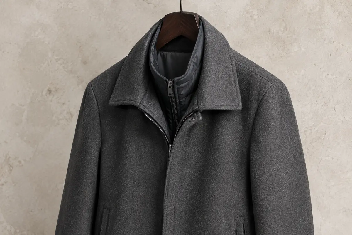 Manteau homme mi-long gris profond sur cintre, avec col amovible et fermeture éclair