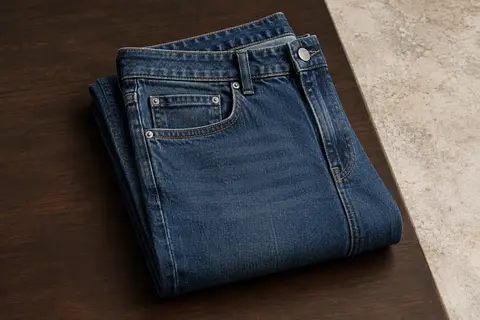 Jean homme bleu Maddox à coupe droite, plié sur une surface de bois foncé.