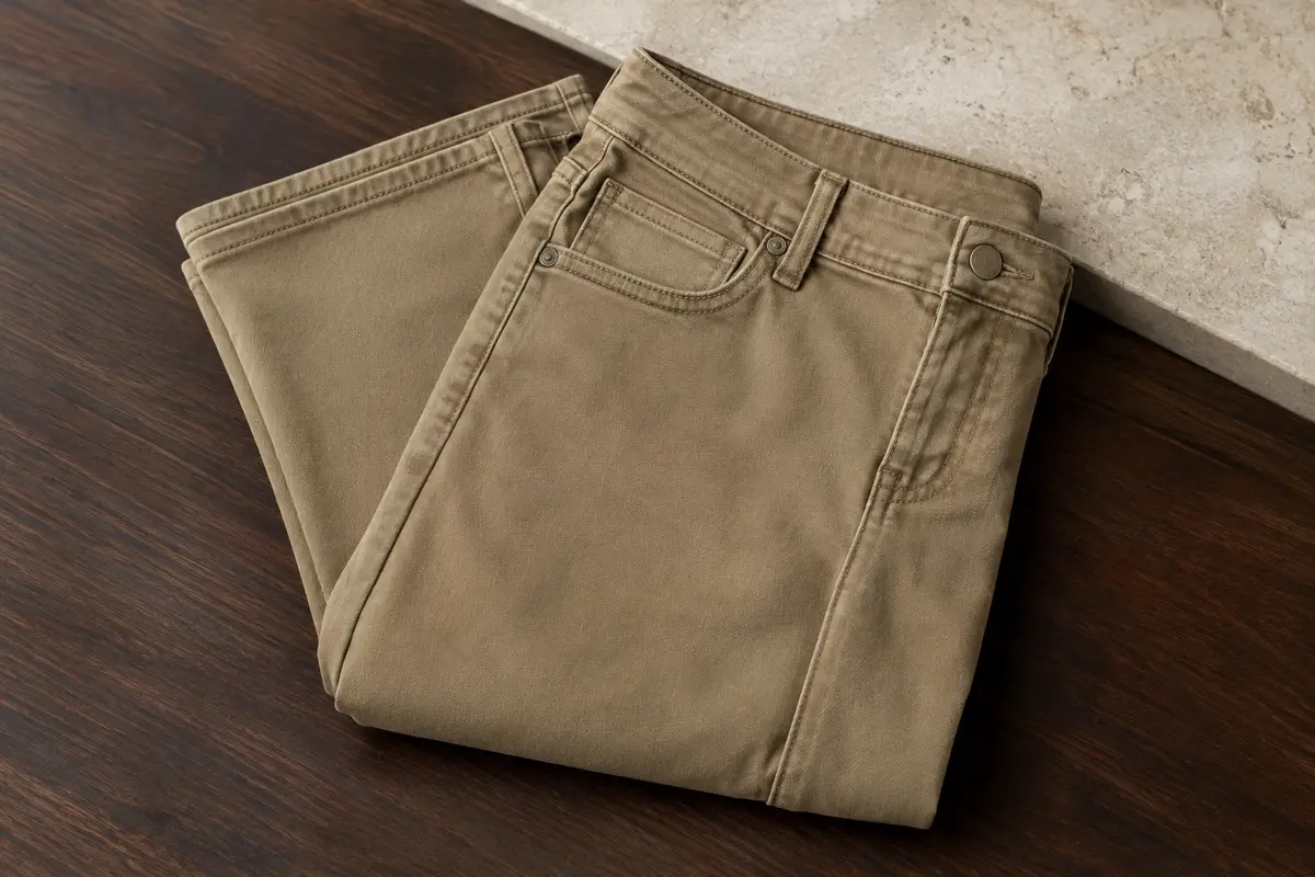 Jean homme khaki plié sur une surface en bois sombre, avec ses coutures et ses poches visibles.