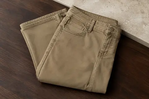 Jean homme khaki plié sur une surface en bois sombre, avec ses coutures et ses poches visibles.
