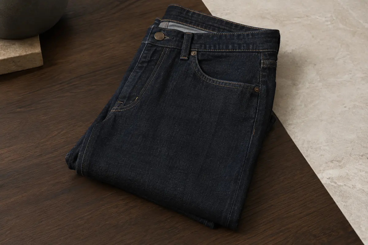 Jean Lee pour homme à coupe ajustée et jambe droite, plié sur une surface de bois et de pierre