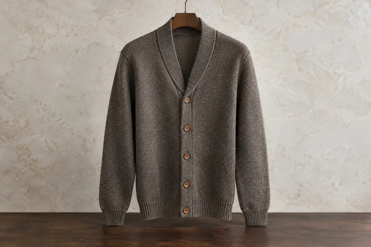 Cardigan homme en maille à fermeture boutonnée et boutons en bois, présenté seul sur un cintre