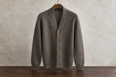 Cardigan homme en maille à fermeture boutonnée et boutons en bois, présenté seul sur un cintre
