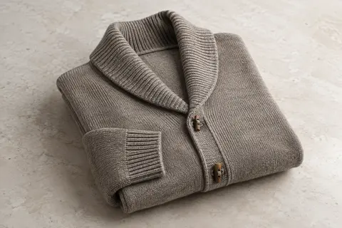 Cardigan homme en maille jersey à col châle et boutons à bascule en bois, plié sur une surface claire.
