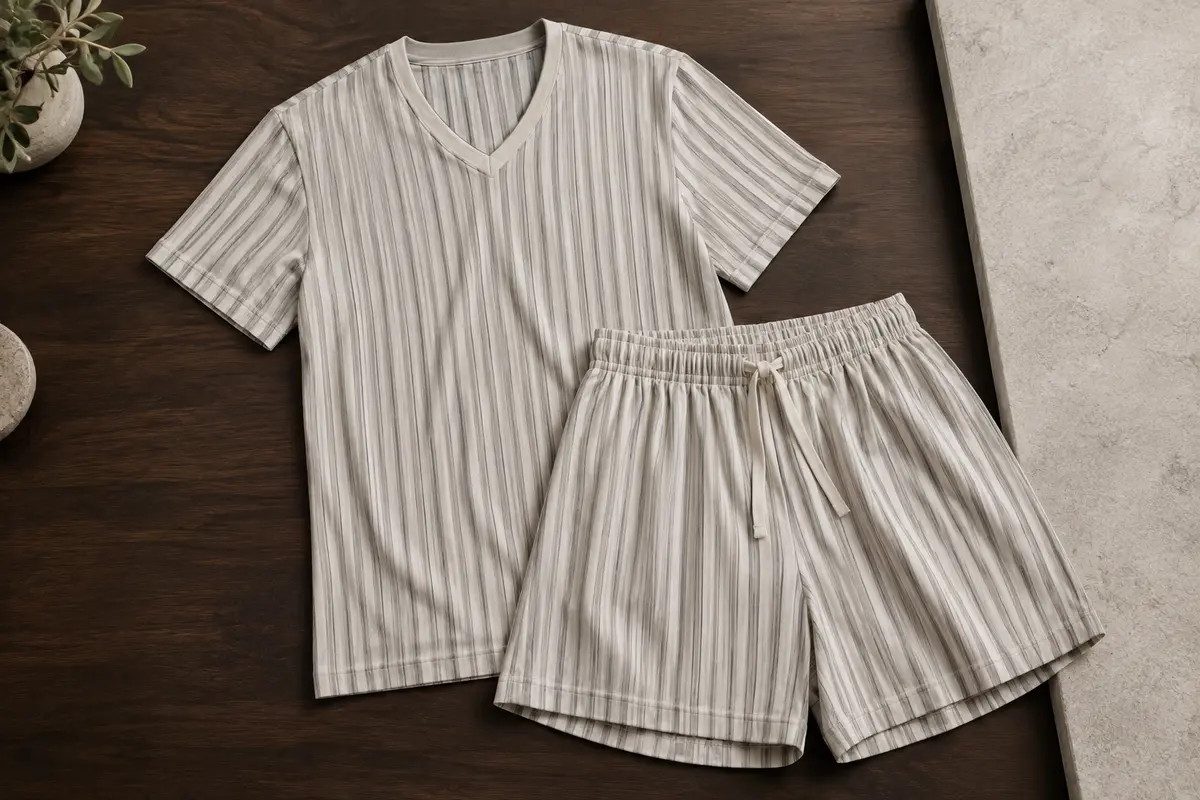 Pyjama homme deux pièces avec haut rayé à col V et short, présenté sur une surface claire