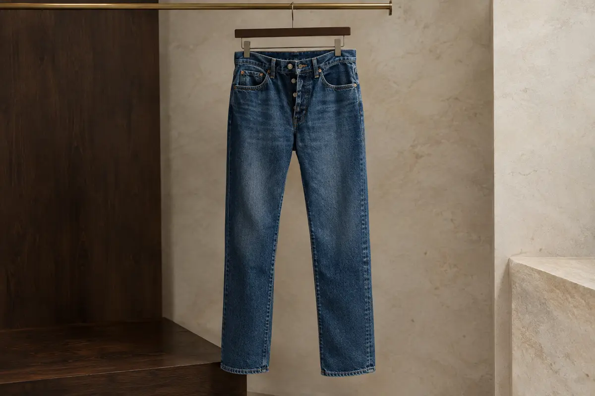 Jean homme en denim bleu à jambe droite, suspendu sur un cintre sobre devant un fond de pierre claire.