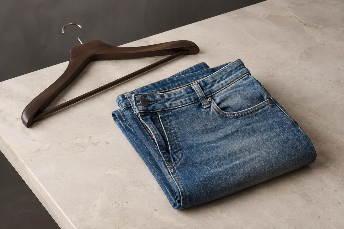 Jean homme slim en denim bleu délavé stone, plié sur une surface de pierre claire