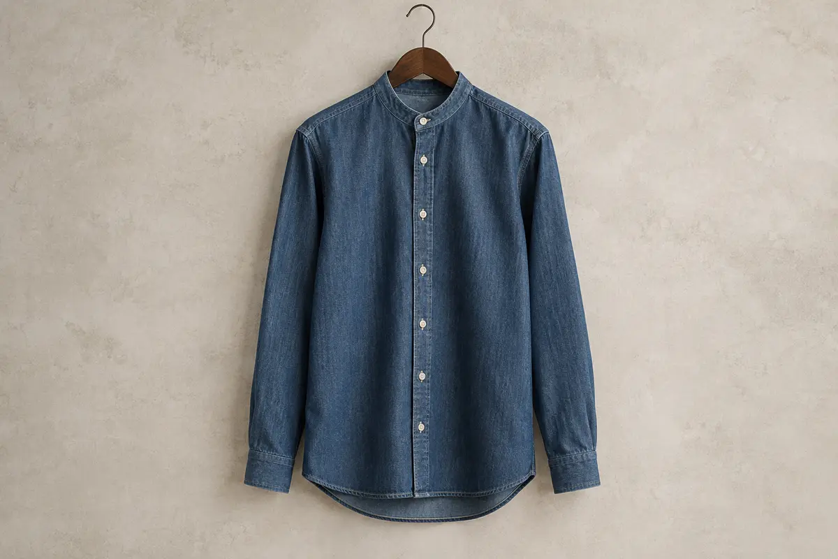 Chemise western Levi’s en denim à manches longues, présentée seule sur un cintre devant un fond de pierre claire.