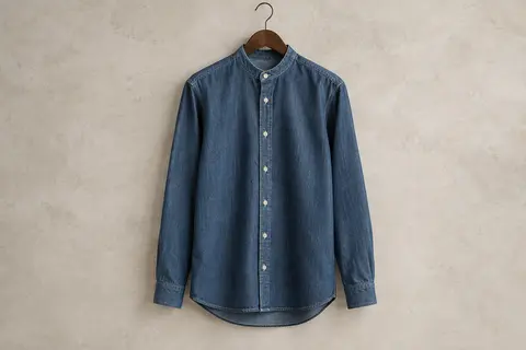 Chemise western Levi’s en denim à manches longues, présentée seule sur un cintre devant un fond de pierre claire.