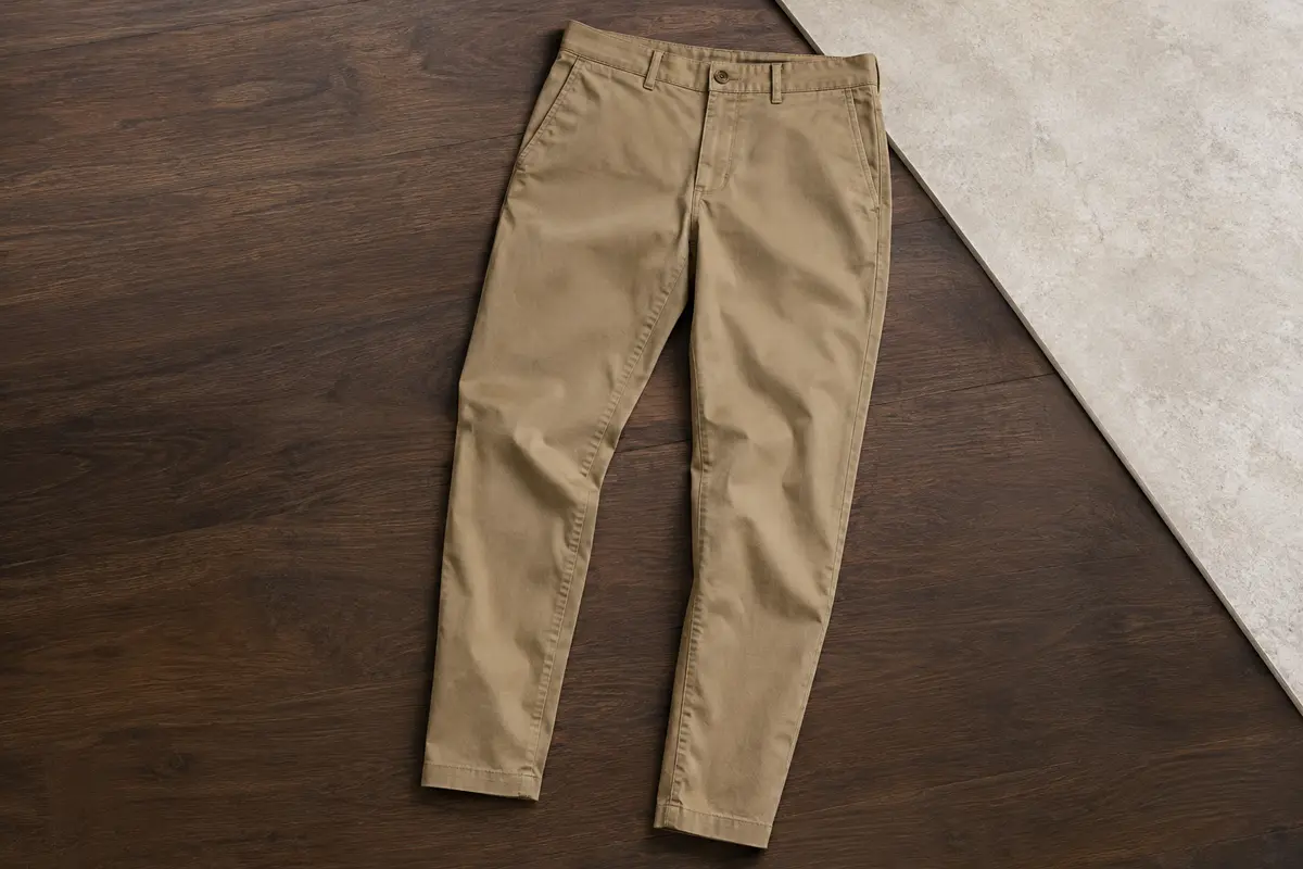 Pantalon chino Levi’s khaki à coupe regular et jambe fuselée, présenté seul sur une surface en bois.