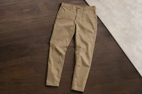 Pantalon chino Levi’s khaki à coupe regular et jambe fuselée, présenté seul sur une surface en bois.