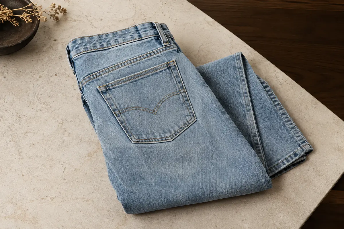 Jean homme à coupe droite en denim pierre clair, plié sur une surface de pierre et de bois foncé