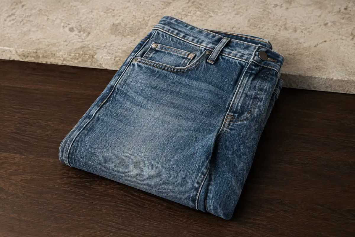 Jean homme Levi’s 512 Slim Taper en denim stonewash, plié sur une surface en bois foncé.