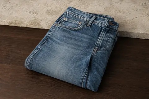 Jean homme Levi’s 512 Slim Taper en denim stonewash, plié sur une surface en bois foncé.