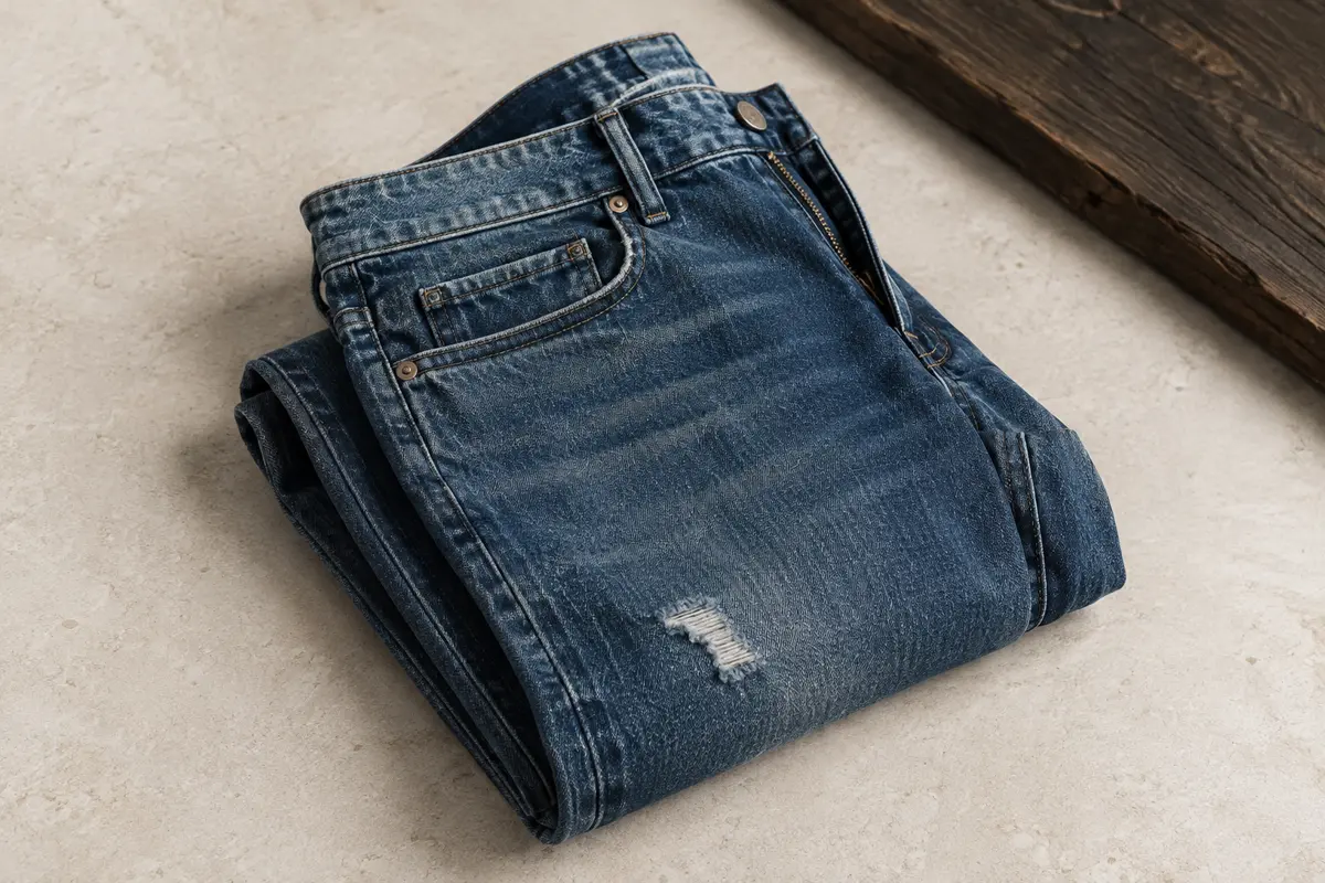 Jean slim homme en denim bleu, plié sur une surface claire, avec coutures et finition usée visibles.