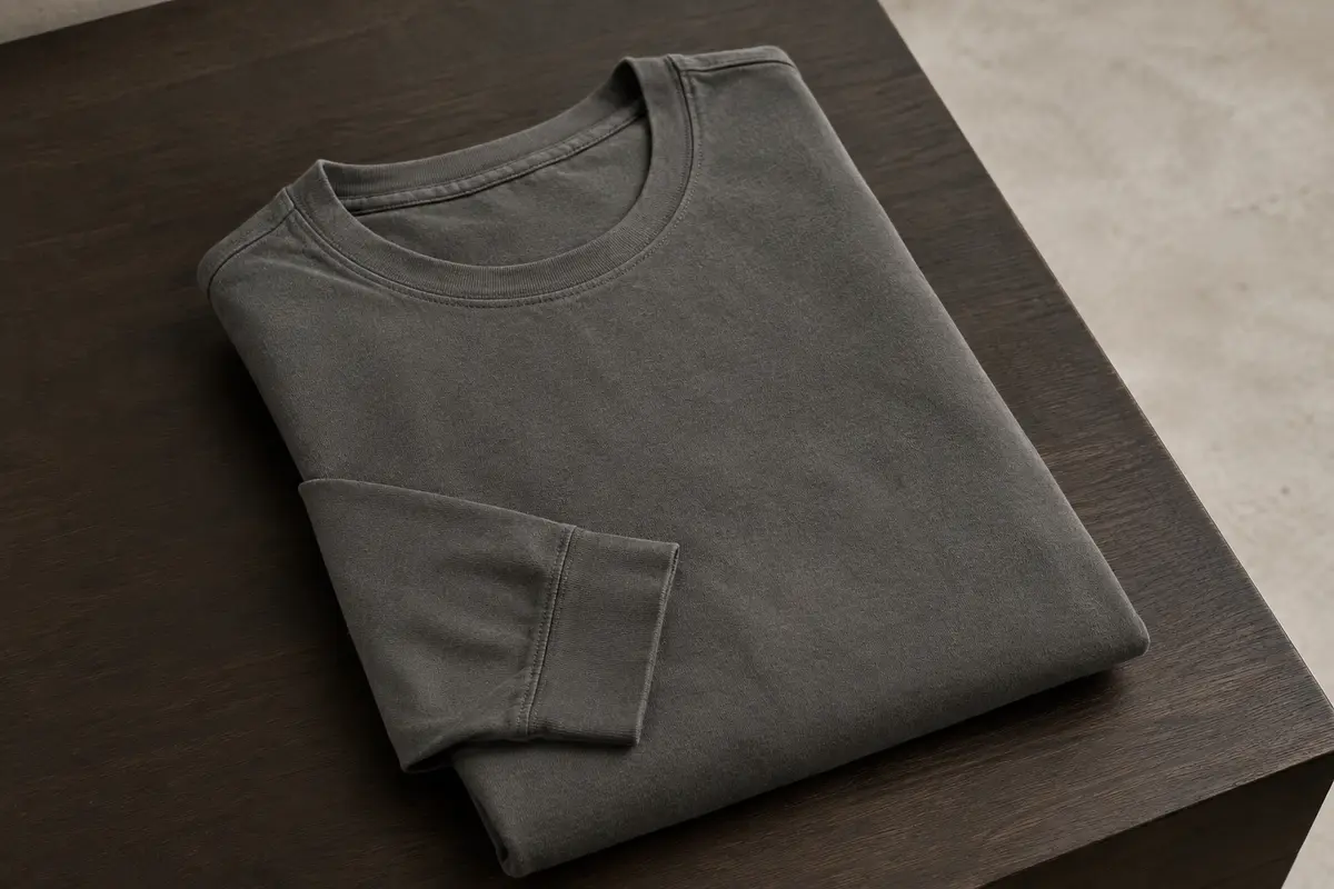 T-shirt homme à manches longues et col rond plié sur une surface en bois foncé