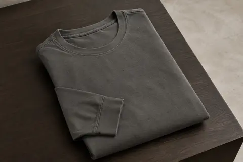 T-shirt homme à manches longues et col rond plié sur une surface en bois foncé