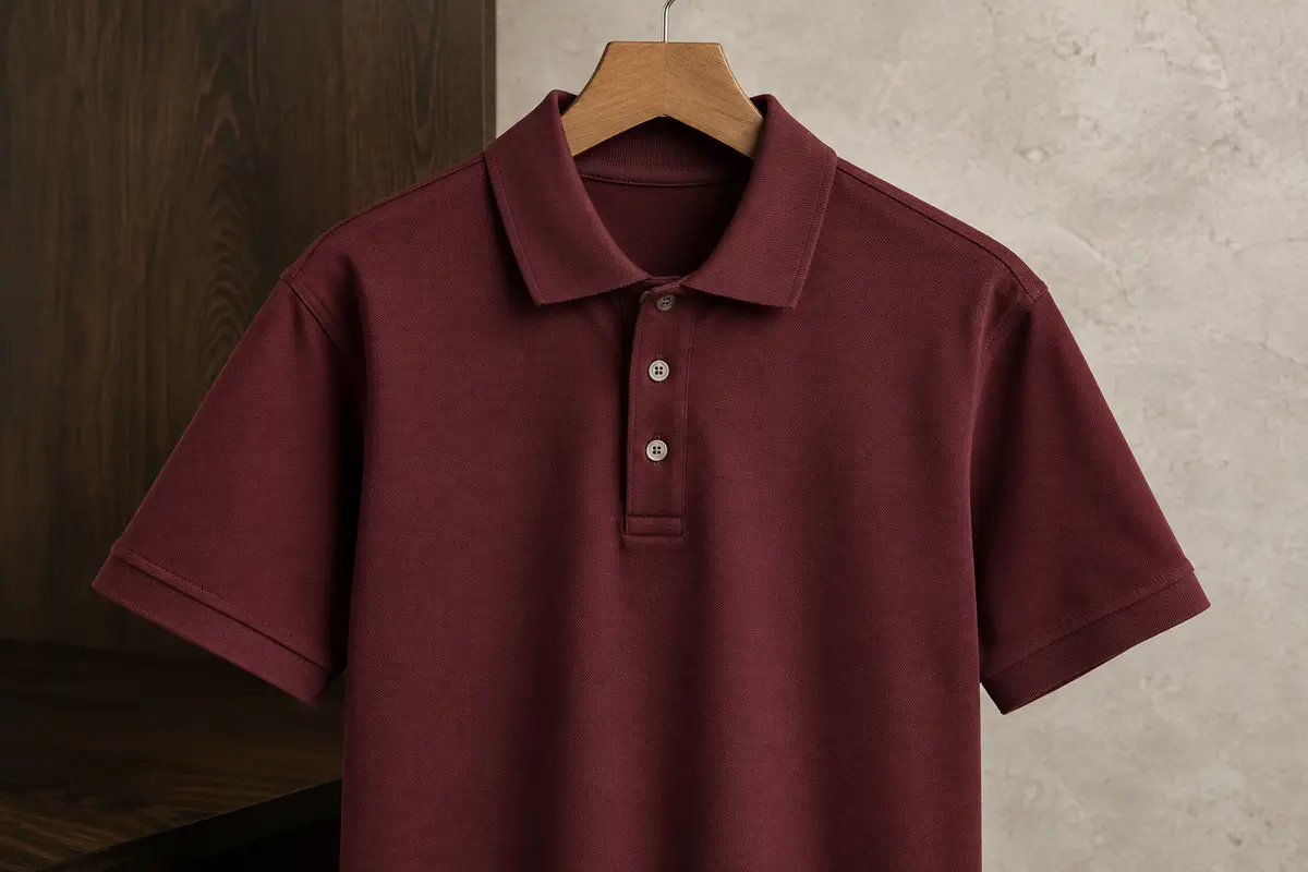 Polo homme en coton piqué léger présenté sur un cintre, avec col et fermeture boutonnée visibles