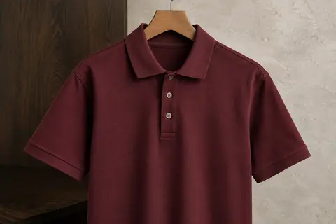 Polo homme en coton piqué léger présenté sur un cintre, avec col et fermeture boutonnée visibles