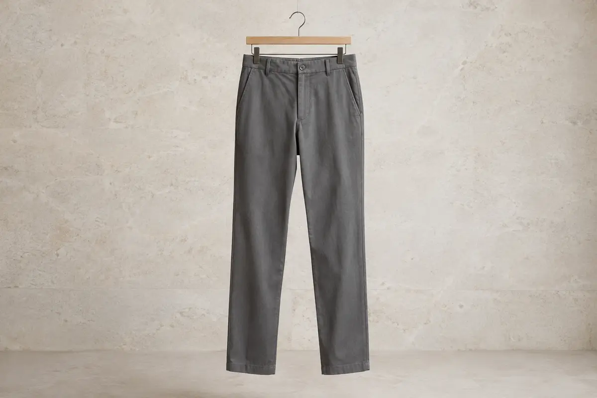 Pantalon Libin pour homme présenté sur cintre, avec poches arrière à boutons-pression et tissu léger.