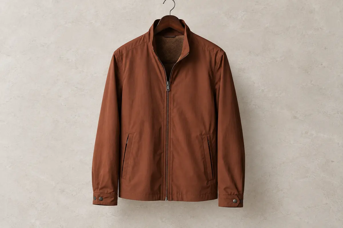 Veste de golf légère auburn à fermeture zippée, doublure en maille et poignets réglables.