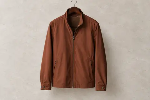 Veste de golf légère auburn à fermeture zippée, doublure en maille et poignets réglables.