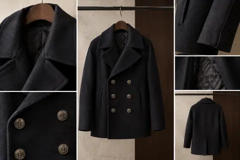 Manteau caban doublé à double boutonnage et grands boutons décorés d’un motif d’ancre