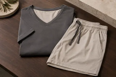 Ensemble de pyjama court pour homme avec t-shirt à col V et short assorti à taille élastique.