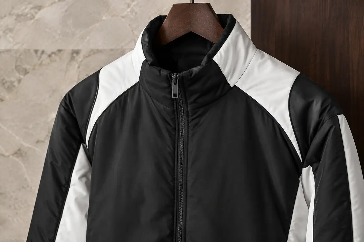 Manteau Nike Park 20 noir et blanc à fermeture éclair, suspendu sur un cintre devant un fond épuré.