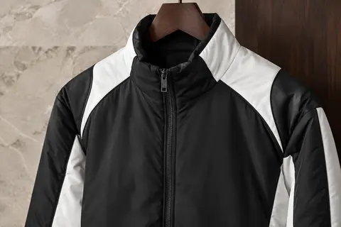 Manteau Nike Park 20 noir et blanc à fermeture éclair, suspendu sur un cintre devant un fond épuré.