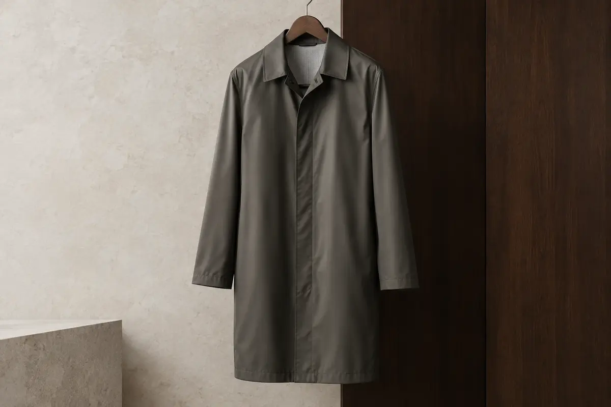 Veste de pluie longue pour homme avec doublure en maille, présentée sur un cintre dans un décor épuré