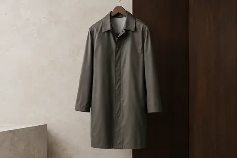 Veste de pluie longue pour homme avec doublure en maille, présentée sur un cintre dans un décor épuré