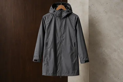 Manteau de pluie pour homme en polyester ripstop, avec capuche réglable et quatre poches zippées.