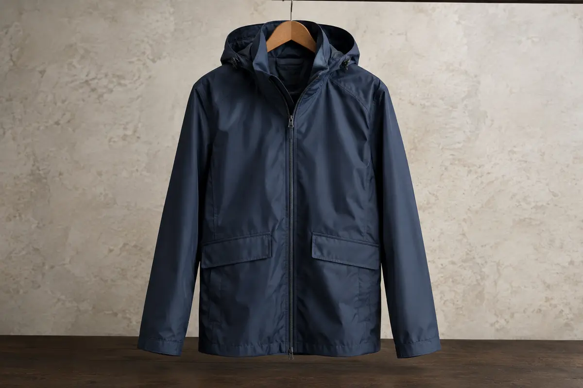 Veste de pluie bleu marine à capuche enroulable, présentée seule sur un cintre dans un décor épuré.
