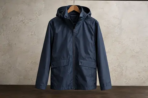 Veste de pluie bleu marine à capuche enroulable, présentée seule sur un cintre dans un décor épuré.