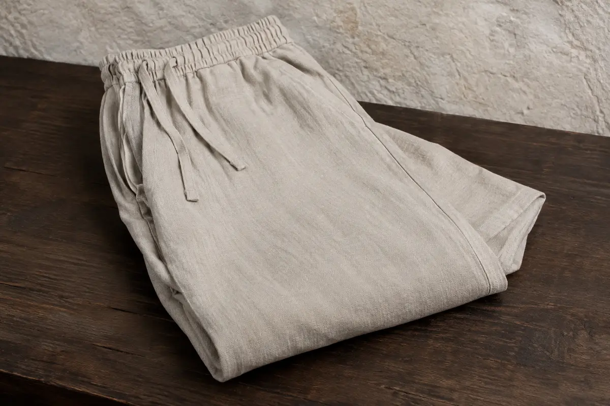Pantalon ample en coton et lin plié sur une surface en bois foncé, avec taille à cordon.