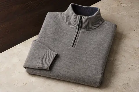 Pull homme en maille à demi-zip et col cheminée, plié sur une surface de pierre claire.