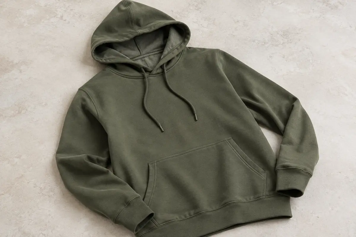 Sweat à capuche pour homme vert poivre en coton, avec poche kangourou, présenté seul sur une surface de pierre claire.