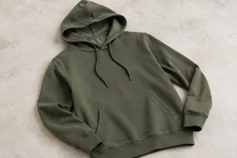 Sweat à capuche pour homme vert poivre en coton, avec poche kangourou, présenté seul sur une surface de pierre claire.