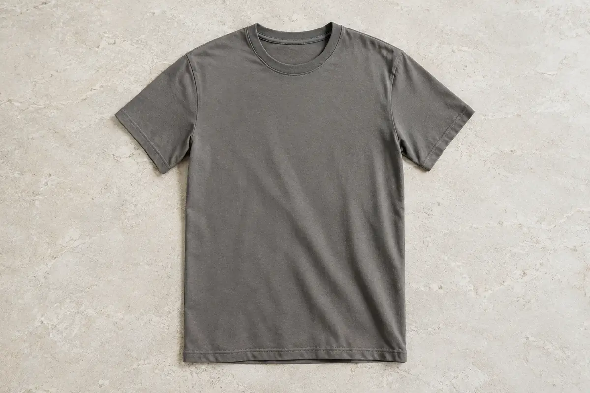 T-shirt homme à manches courtes et col rond, présenté seul sur une surface de pierre claire