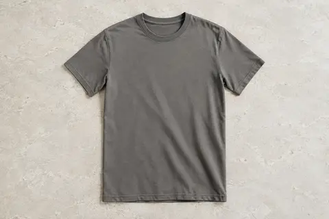 T-shirt homme à manches courtes et col rond, présenté seul sur une surface de pierre claire