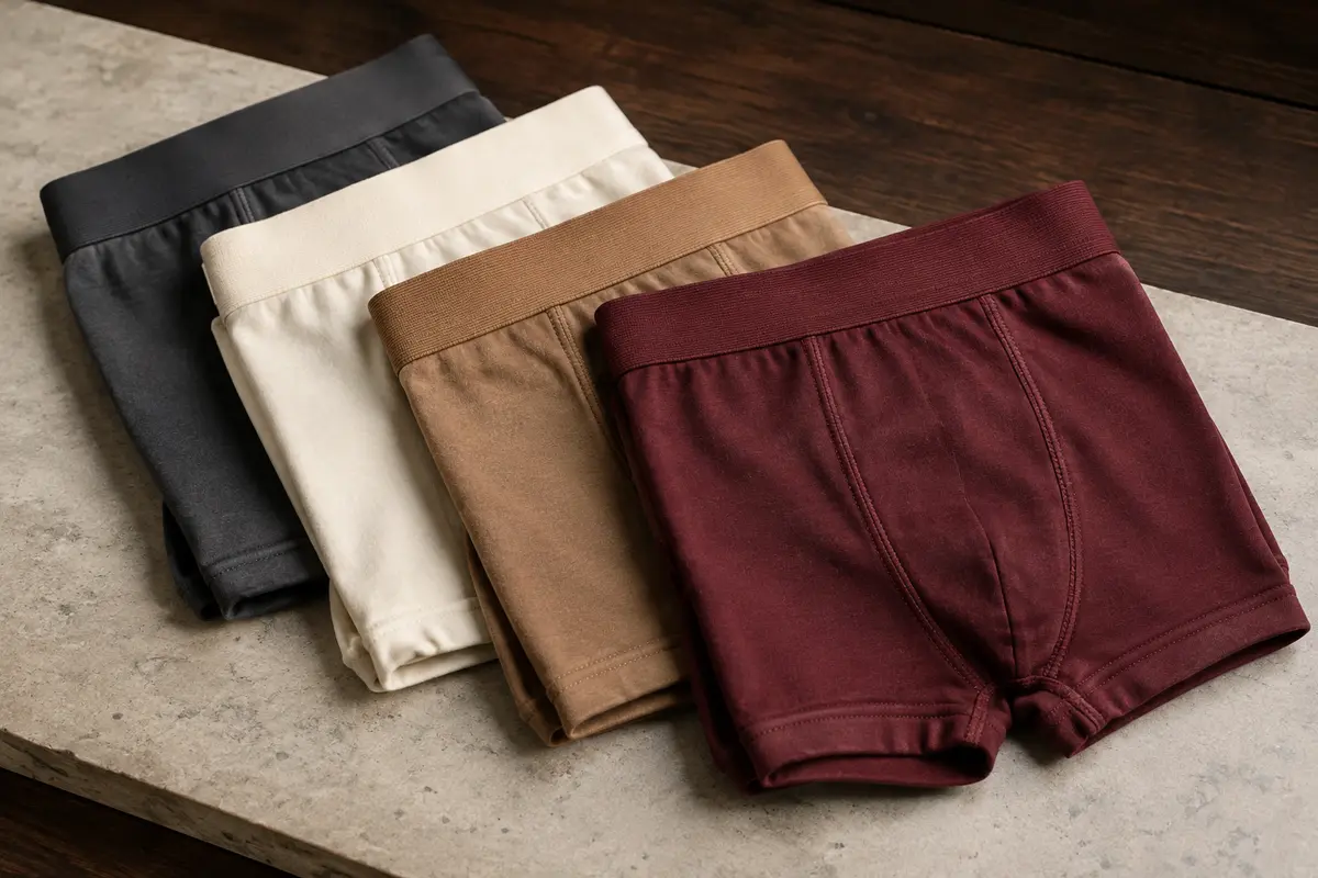 Lot de six boxers pour homme pliés sur une surface claire, avec un fond en bois sombre.